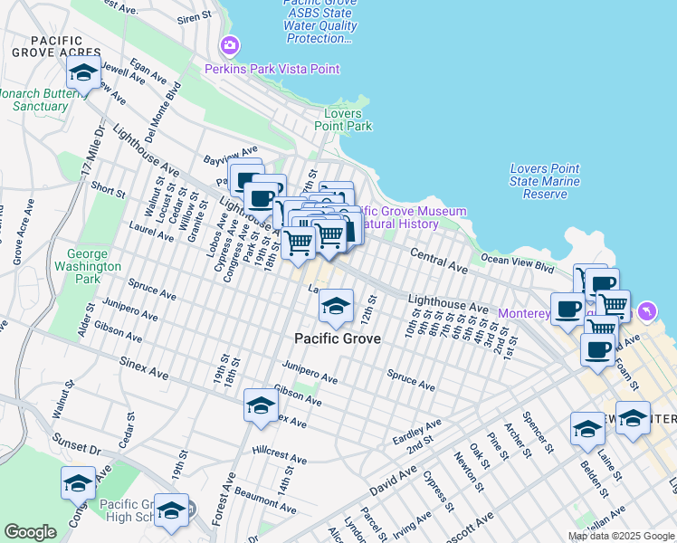 map of restaurants, bars, coffee shops, grocery stores, and more near 542 Lighthouse Avenue in Pacific Grove