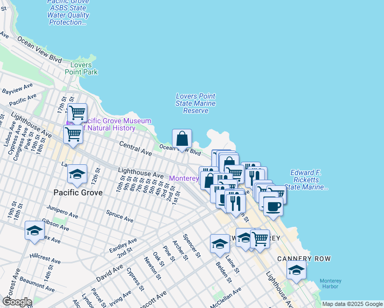 map of restaurants, bars, coffee shops, grocery stores, and more near 185 Ocean View Boulevard in Pacific Grove