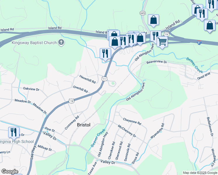 map of restaurants, bars, coffee shops, grocery stores, and more near 1875 Lee Highway in Bristol