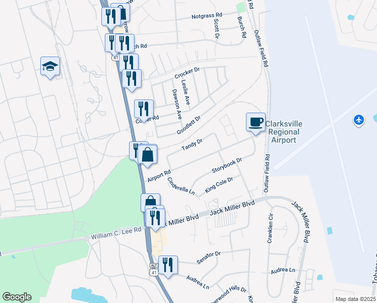 map of restaurants, bars, coffee shops, grocery stores, and more near 111 Tandy Drive in Clarksville