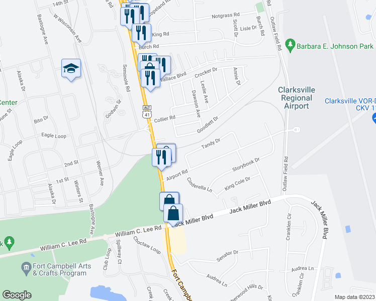 map of restaurants, bars, coffee shops, grocery stores, and more near 103 Tandy Drive in Clarksville