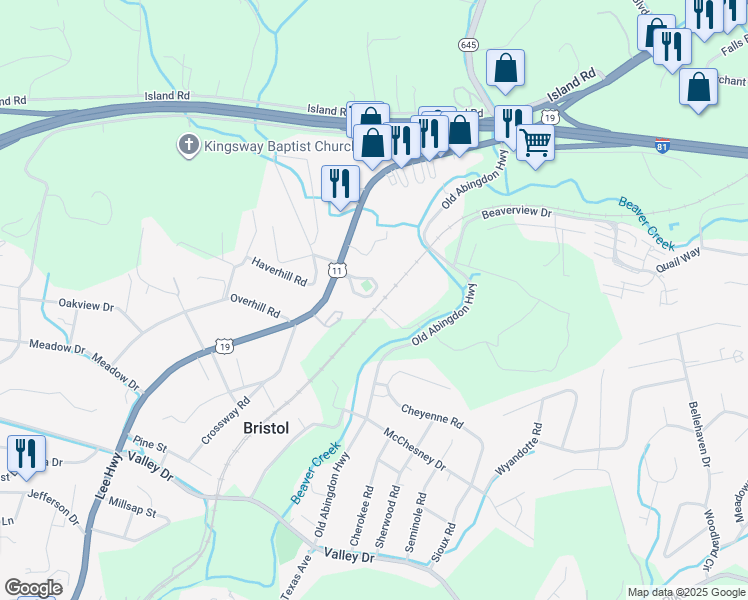 map of restaurants, bars, coffee shops, grocery stores, and more near 1897 Lee Highway in Bristol