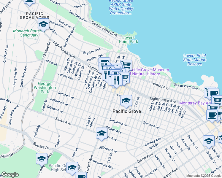 map of restaurants, bars, coffee shops, grocery stores, and more near 224 16th Street in Pacific Grove