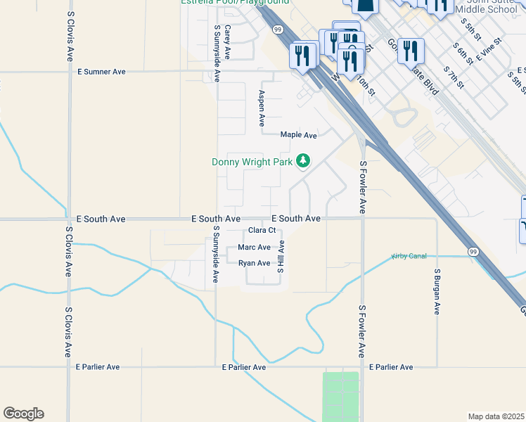map of restaurants, bars, coffee shops, grocery stores, and more near 1095 Lucia Avenue in Fowler