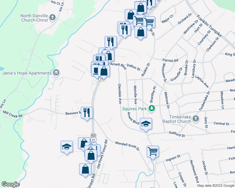 map of restaurants, bars, coffee shops, grocery stores, and more near 811 Glendale Avenue in Danville
