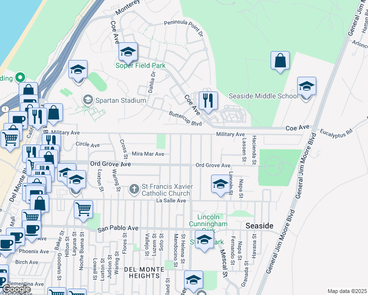 map of restaurants, bars, coffee shops, grocery stores, and more near 2095 Yosemite Street in Seaside