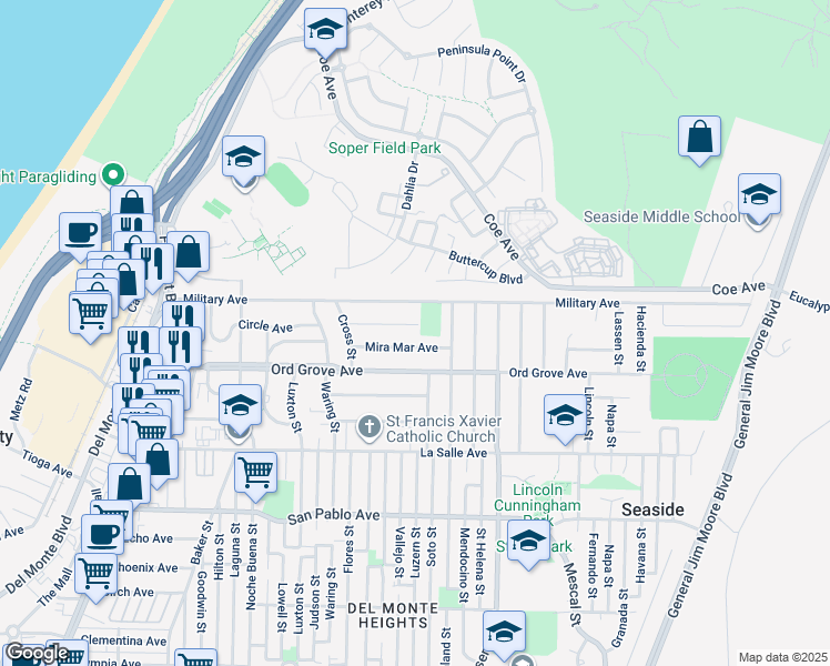 map of restaurants, bars, coffee shops, grocery stores, and more near 1535 Alta Vista Court in Seaside
