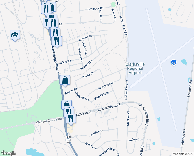 map of restaurants, bars, coffee shops, grocery stores, and more near 121A Tandy Drive in Clarksville