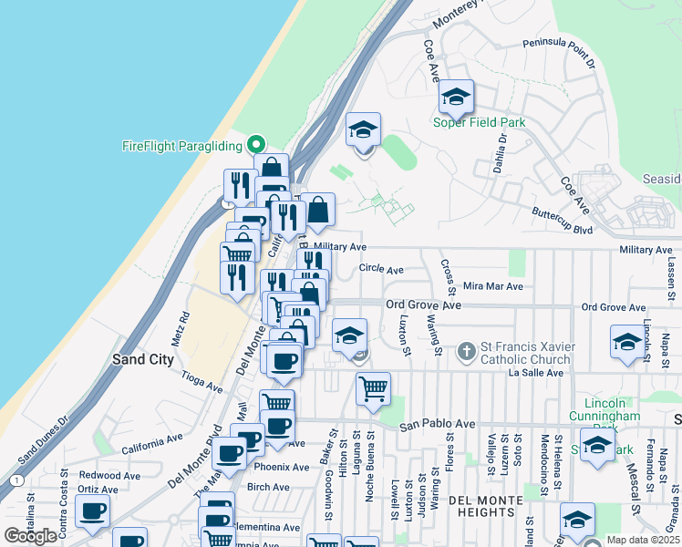 map of restaurants, bars, coffee shops, grocery stores, and more near 1255 Circle Avenue in Seaside