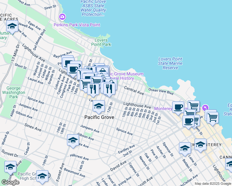 map of restaurants, bars, coffee shops, grocery stores, and more near 155 12th Street in Pacific Grove