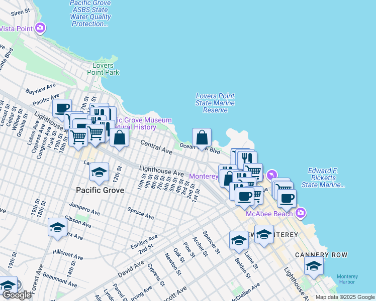 map of restaurants, bars, coffee shops, grocery stores, and more near 105 5th Street in Pacific Grove