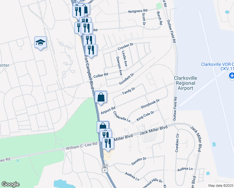 map of restaurants, bars, coffee shops, grocery stores, and more near 105 Tandy Drive in Clarksville