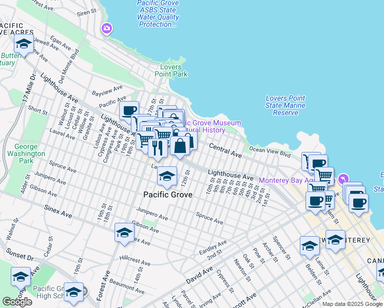 map of restaurants, bars, coffee shops, grocery stores, and more near 158 12th Street in Pacific Grove