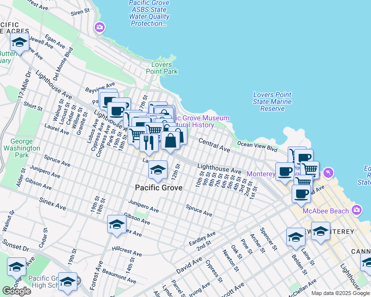 map of restaurants, bars, coffee shops, grocery stores, and more near 155 12th Street in Pacific Grove