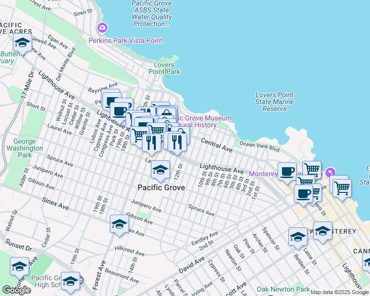 map of restaurants, bars, coffee shops, grocery stores, and more near 158 12th Street in Pacific Grove
