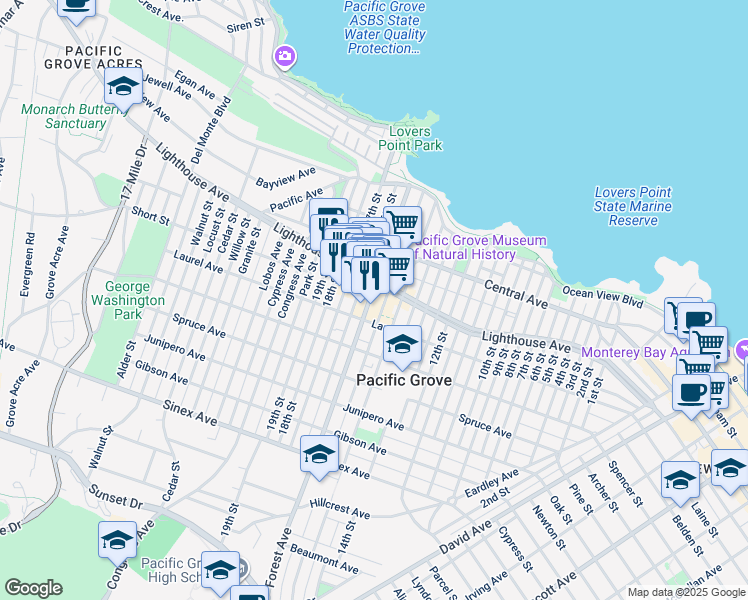 map of restaurants, bars, coffee shops, grocery stores, and more near 599 Lighthouse Avenue in Pacific Grove