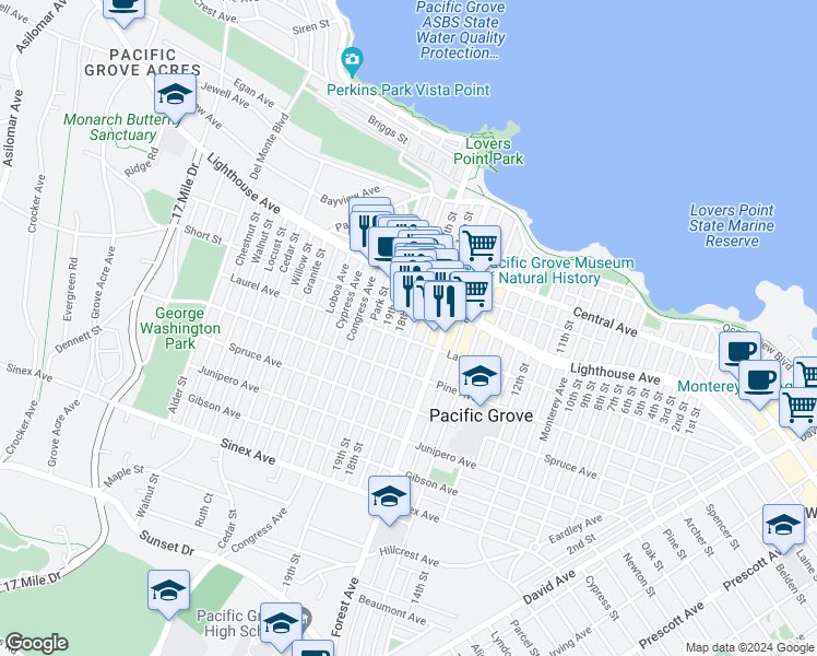 map of restaurants, bars, coffee shops, grocery stores, and more near 223 19th Street in Pacific Grove