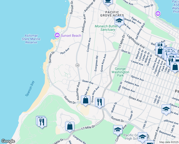 map of restaurants, bars, coffee shops, grocery stores, and more near 510 Evergreen Road in Pacific Grove
