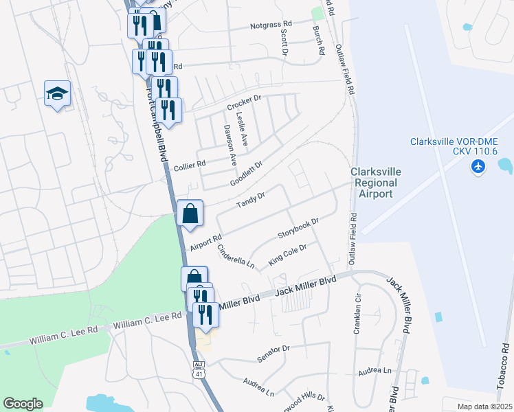 map of restaurants, bars, coffee shops, grocery stores, and more near 121A Tandy Drive in Clarksville