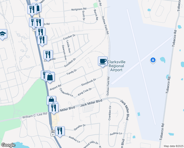 map of restaurants, bars, coffee shops, grocery stores, and more near 148 Airport Road in Clarksville