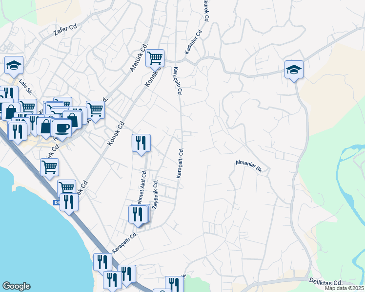 map of restaurants, bars, coffee shops, grocery stores, and more near 94 Karaçaltı Caddesi in Alanya