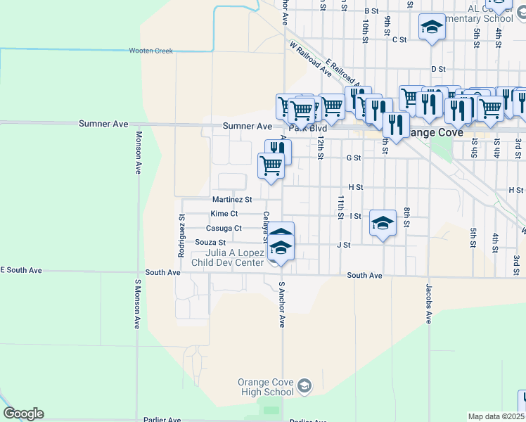 map of restaurants, bars, coffee shops, grocery stores, and more near 830 Celaya Street in Orange Cove