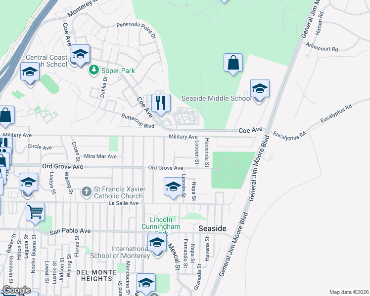 map of restaurants, bars, coffee shops, grocery stores, and more near 2080 Rainier Court in Seaside