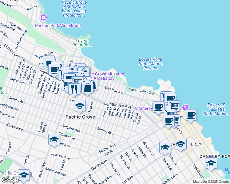 map of restaurants, bars, coffee shops, grocery stores, and more near 361 Central Avenue in Pacific Grove
