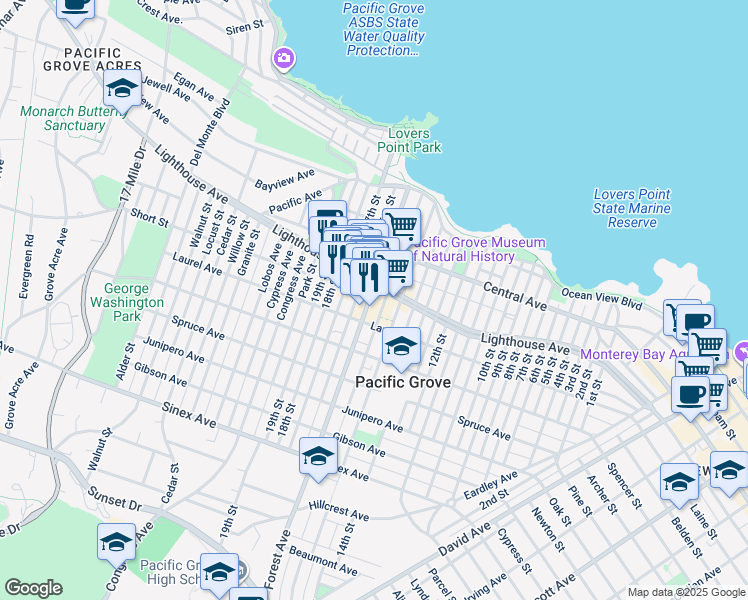 map of restaurants, bars, coffee shops, grocery stores, and more near 209 Forest Avenue in Pacific Grove