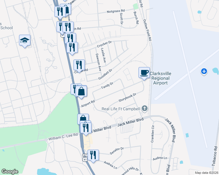 map of restaurants, bars, coffee shops, grocery stores, and more near 114 Tandy Drive in Clarksville