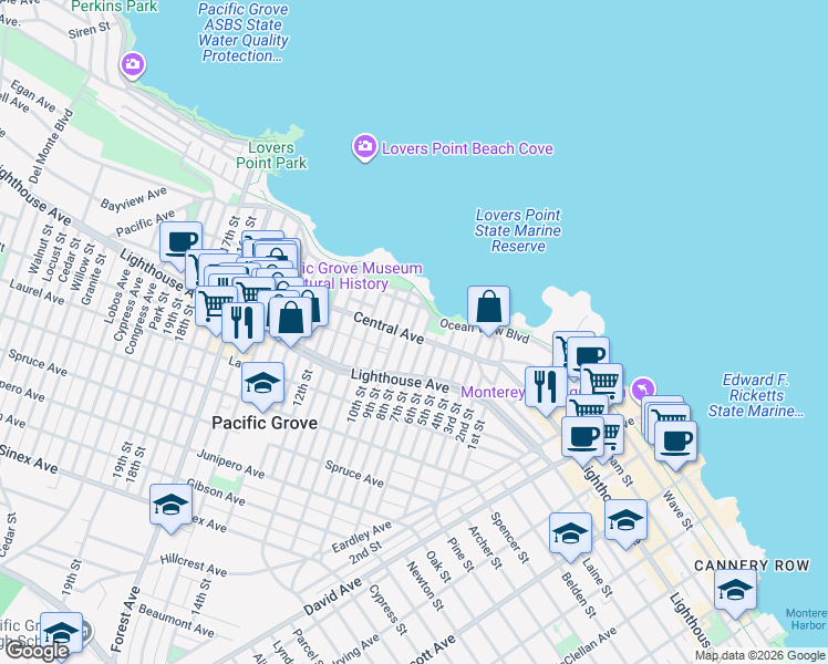 map of restaurants, bars, coffee shops, grocery stores, and more near 117 9th Street in Pacific Grove