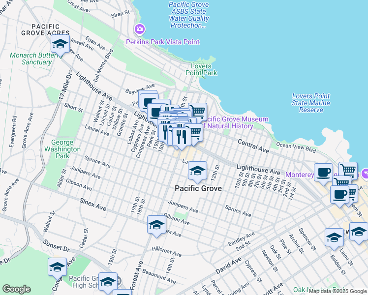 map of restaurants, bars, coffee shops, grocery stores, and more near 209 Forest Avenue in Pacific Grove