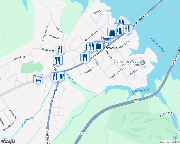 map of restaurants, bars, coffee shops, grocery stores, and more near 800-898 Market Street in Clarksville
