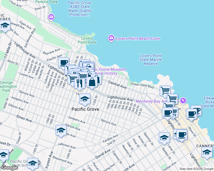 map of restaurants, bars, coffee shops, grocery stores, and more near 142 11th Street in Pacific Grove