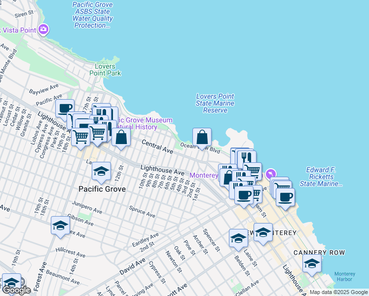 map of restaurants, bars, coffee shops, grocery stores, and more near 301 Ocean View Boulevard in Pacific Grove