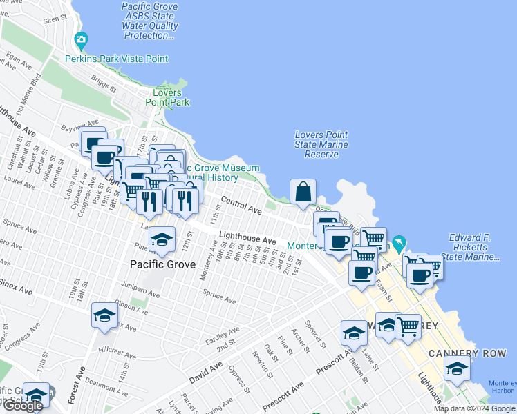 map of restaurants, bars, coffee shops, grocery stores, and more near 117 9th Street in Pacific Grove