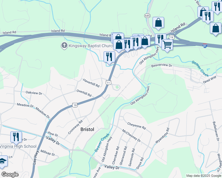 map of restaurants, bars, coffee shops, grocery stores, and more near 1875 Lee Highway in Bristol
