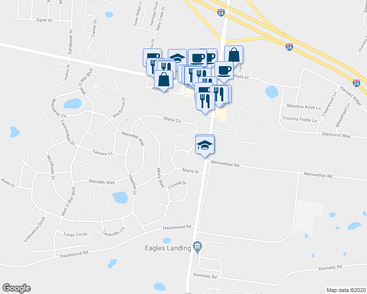 map of restaurants, bars, coffee shops, grocery stores, and more near 1238 Marla Drive in Clarksville