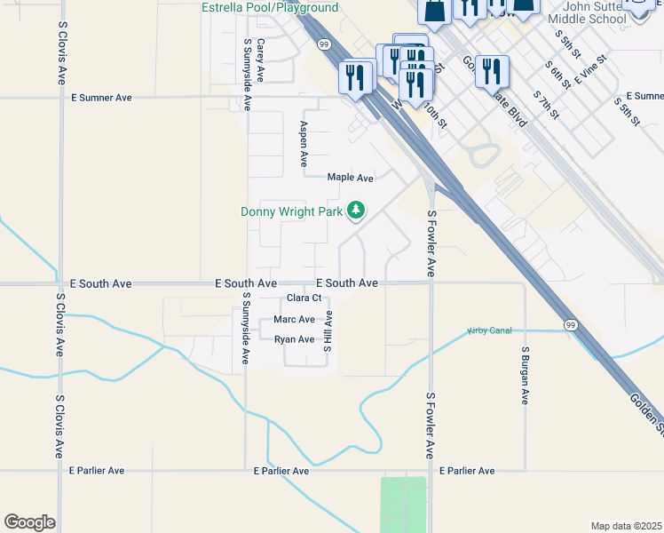 map of restaurants, bars, coffee shops, grocery stores, and more near 618 Stanford Avenue in Fowler