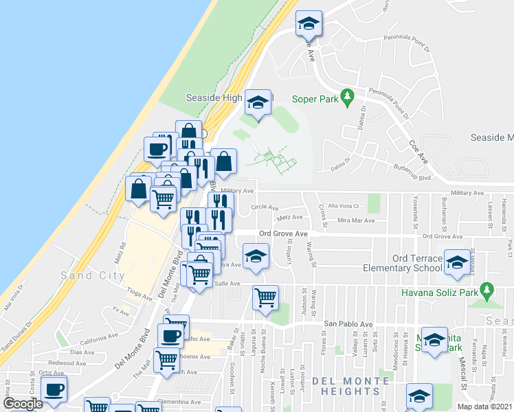 map of restaurants, bars, coffee shops, grocery stores, and more near Noche Buena Street & Circle Avenue in Seaside