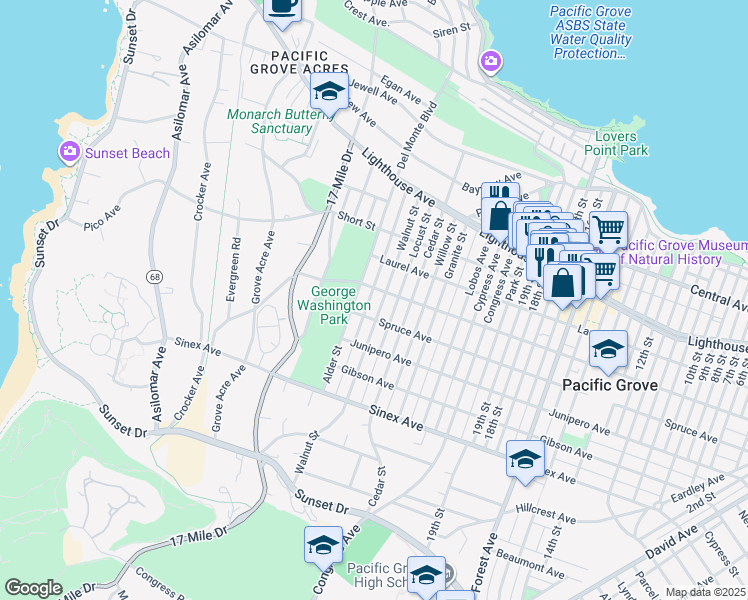 map of restaurants, bars, coffee shops, grocery stores, and more near 850 Pine Avenue in Pacific Grove