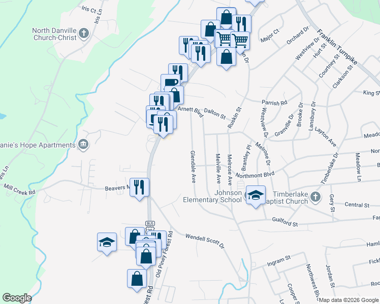 map of restaurants, bars, coffee shops, grocery stores, and more near 821 Glendale Avenue in Danville