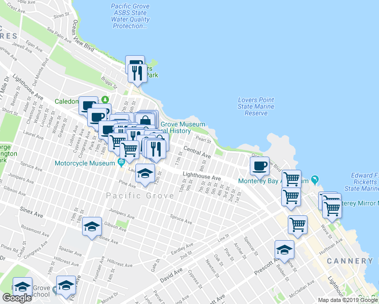 map of restaurants, bars, coffee shops, grocery stores, and more near 402 Central Avenue in Pacific Grove