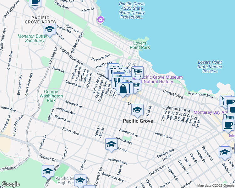 map of restaurants, bars, coffee shops, grocery stores, and more near 223 19th Street in Pacific Grove