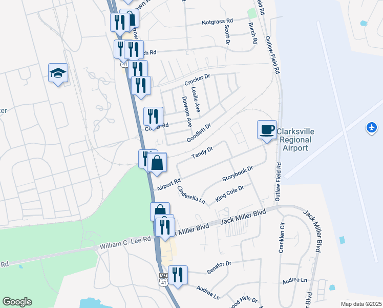 map of restaurants, bars, coffee shops, grocery stores, and more near 111 Tandy Drive in Clarksville