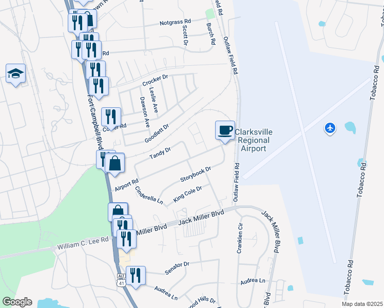 map of restaurants, bars, coffee shops, grocery stores, and more near 147a Tandy Drive in Clarksville