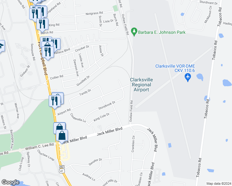 map of restaurants, bars, coffee shops, grocery stores, and more near 150 Airport Road in Clarksville
