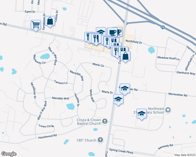 map of restaurants, bars, coffee shops, grocery stores, and more near 3758 Misty Way in Clarksville