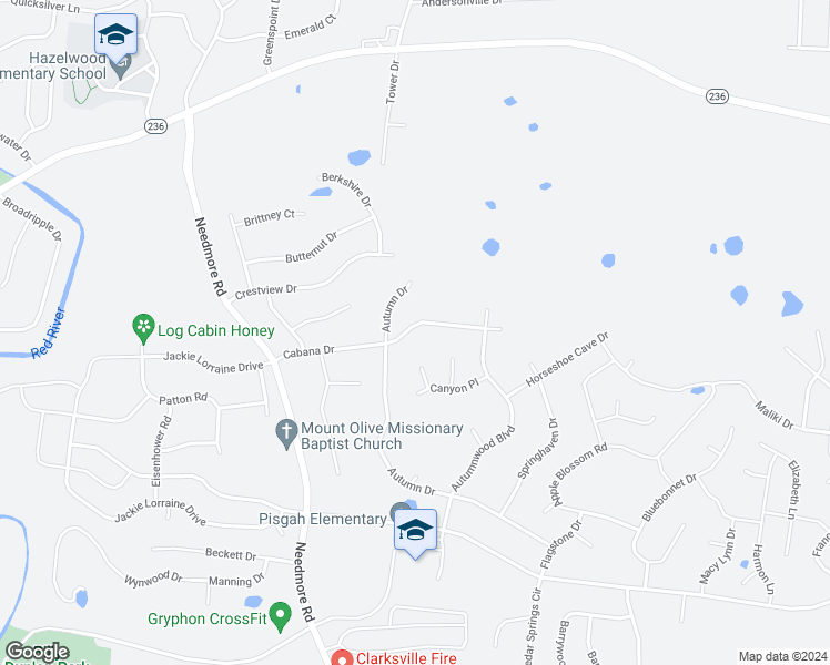 map of restaurants, bars, coffee shops, grocery stores, and more near 1734 Cabana Drive in Clarksville