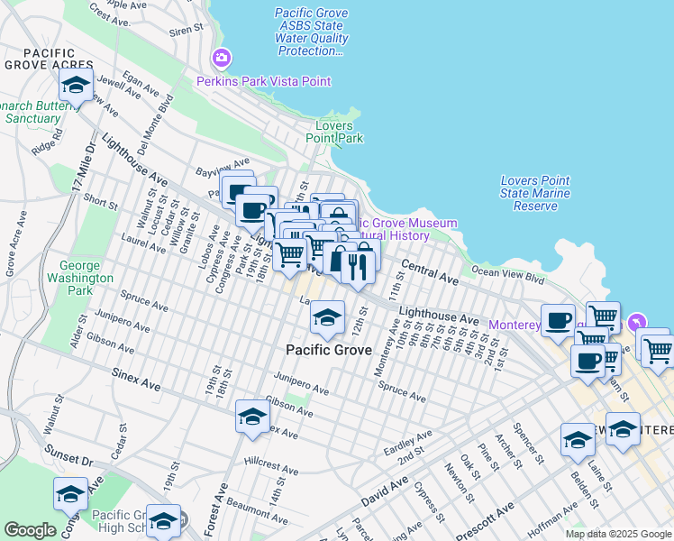 map of restaurants, bars, coffee shops, grocery stores, and more near 520 Lighthouse Avenue in Pacific Grove